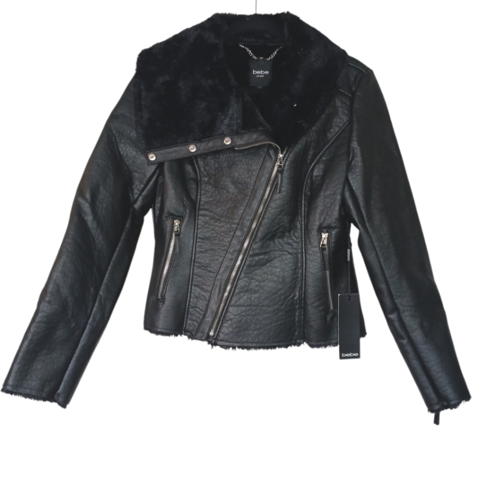 Bebe NWT faux leather faux fur lined black motorcycle jacket size medium